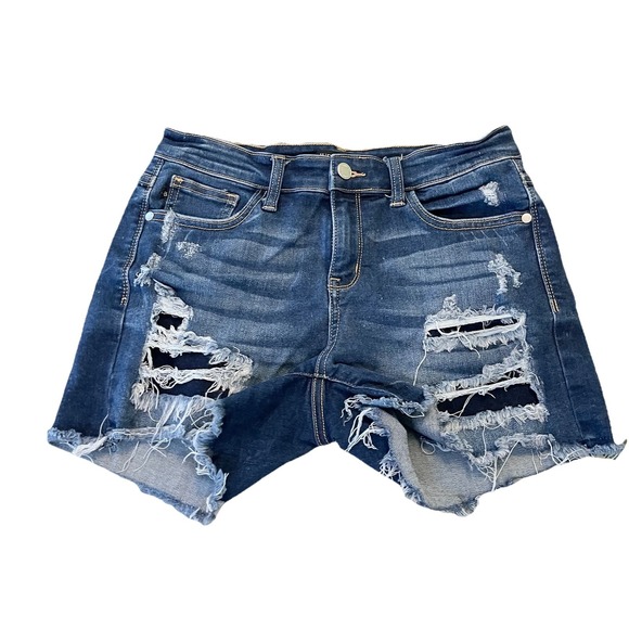 Judy Blue Pants - Judy Blue Mid Rise Cut Off Distressed Patch Jean Shorts Women's Size M